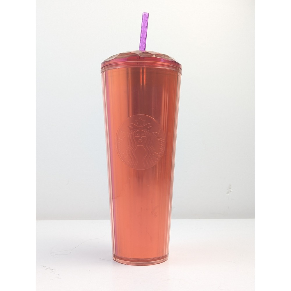 Starbucks Iridescent Coral Faceted Lid Tumbler 24 oz with Purple Straw